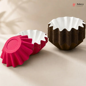 Red and brown cupcake liners on a beige background with 'Bakeyy' branding.