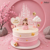 Pink and white cake with princess figurine and castle topper on a pink background