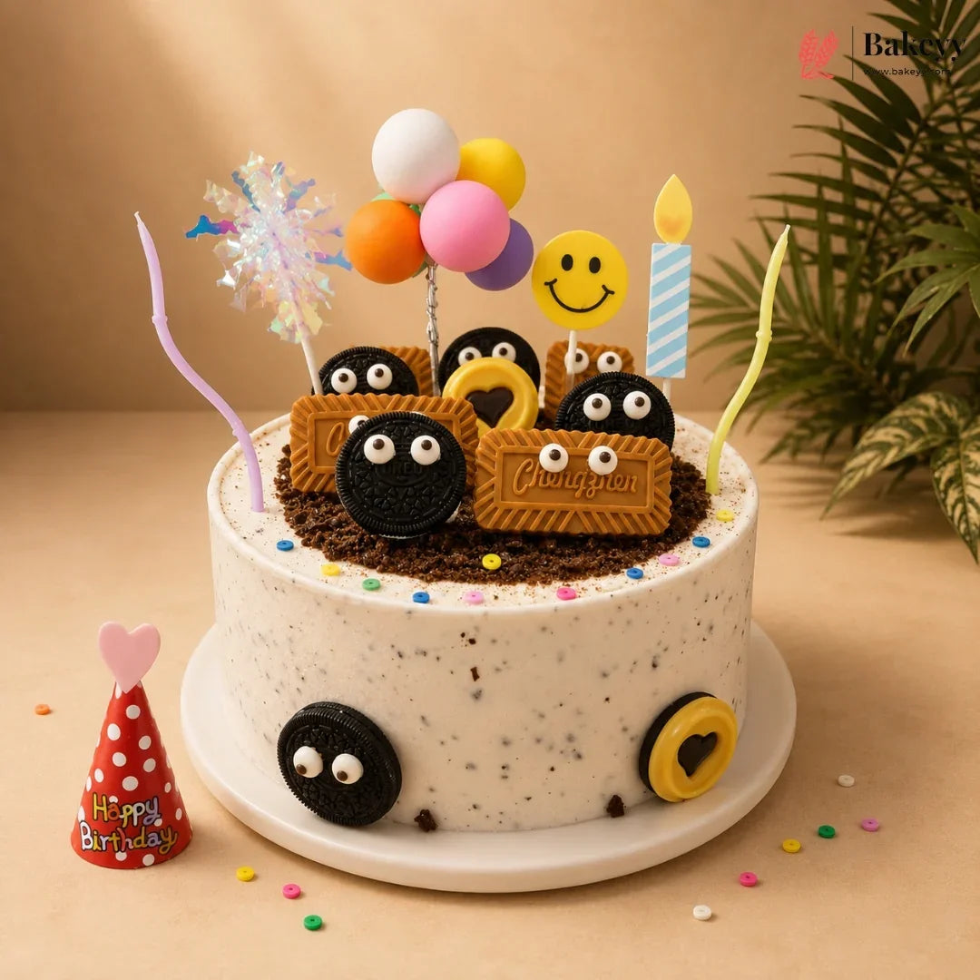 Birthday cake with decorative elements on a beige background