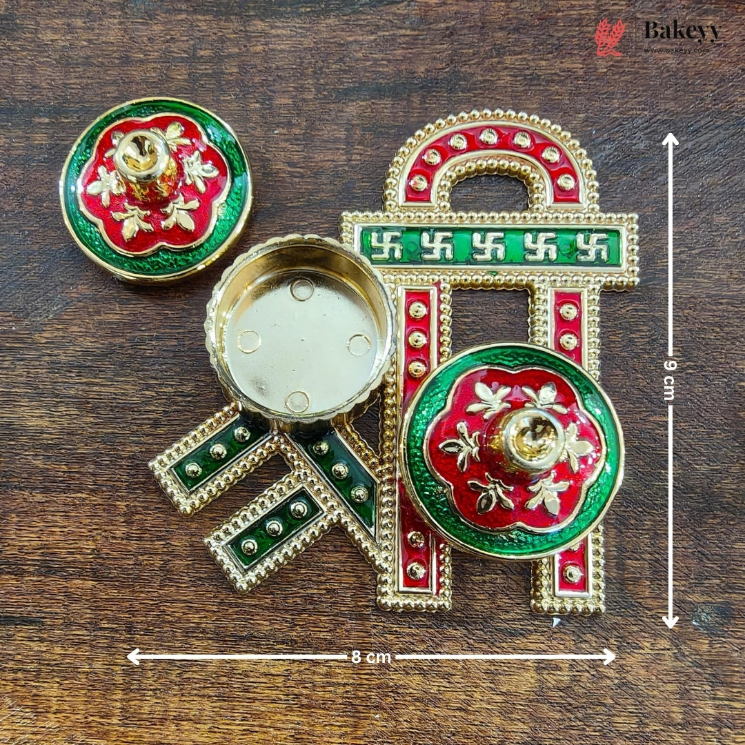 Decorative item with floral designs and measurements on a wooden surface