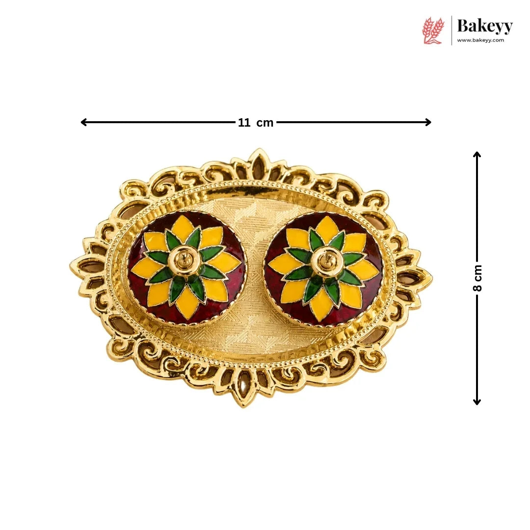 Gold earrings with floral designs on a white background, featuring dimensions.