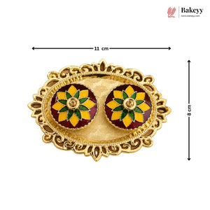 Gold earrings with floral designs on a white background, featuring dimensions.