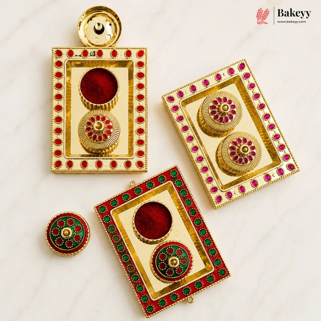 Decorative gold containers with red and green accents on a light background, featuring the brand 'Bakeyy'.