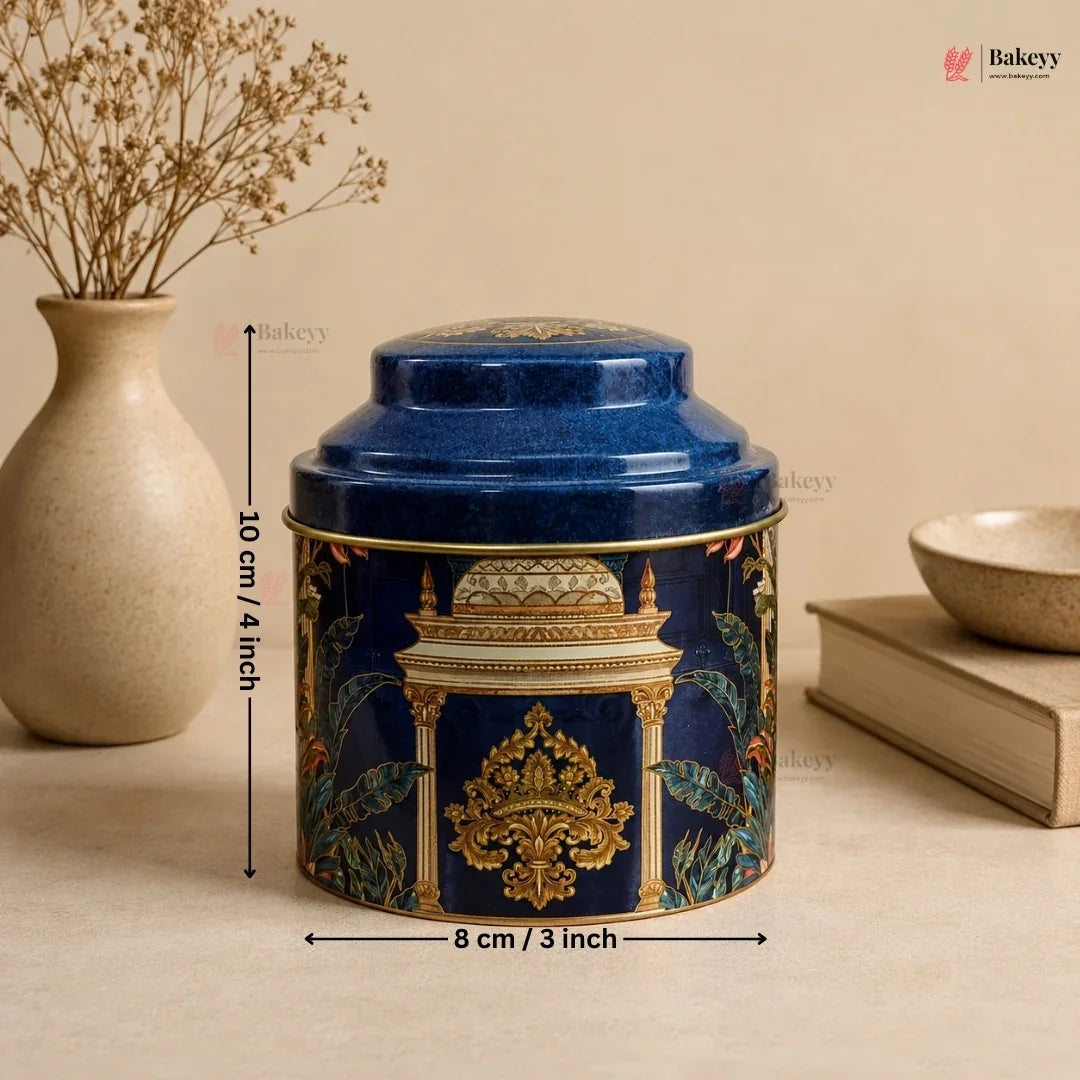 Decorative blue container with gold accents on a beige surface, featuring measurements and the brand 'Bakeey'.