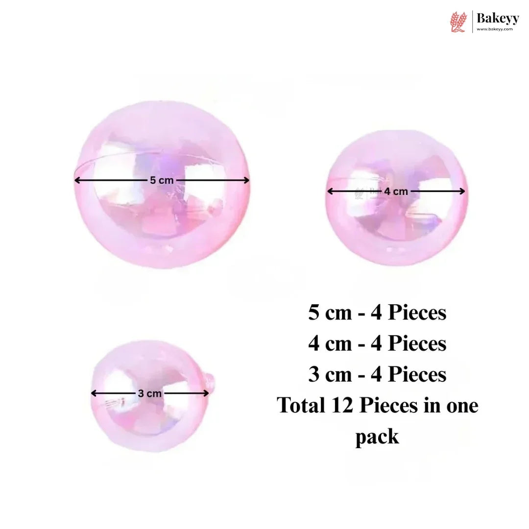 Measurement chart for pink plastic beads with sizes 5 cm, 4 cm, and 3 cm, totaling 12 pieces per pack.