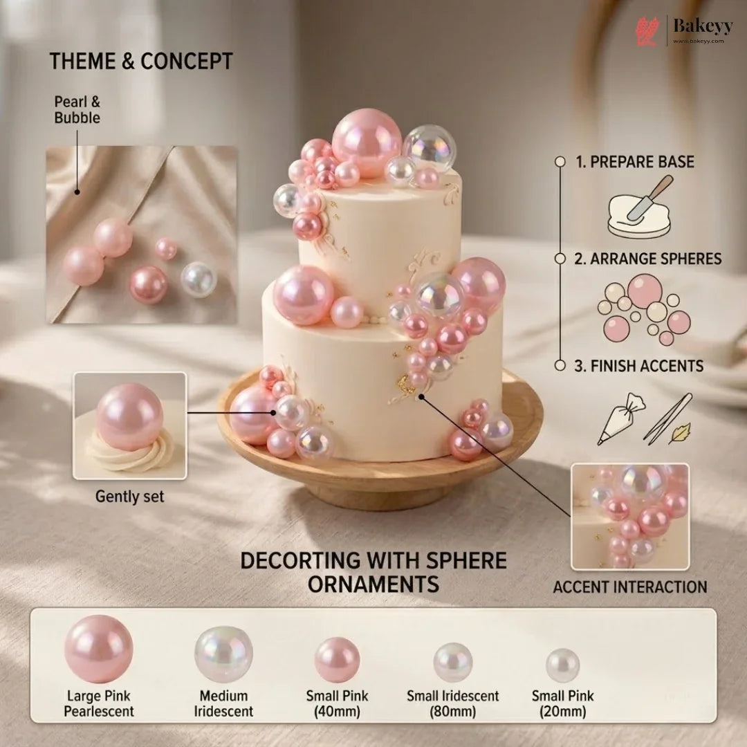 Step-by-step guide on decorating a cake with pearl and bubble sphere ornaments, featuring a close-up of the cake and sphere decorations.