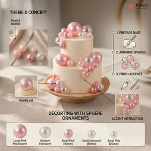 Step-by-step guide on decorating a cake with pearl and bubble sphere ornaments, featuring a close-up of the cake and sphere decorations.