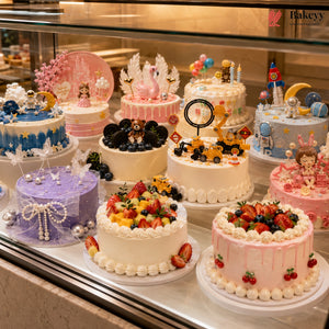 Display of various decorated cakes in a bakery