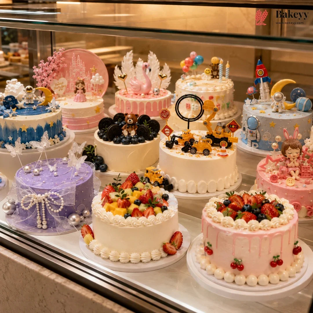Display of various decorated cakes in a bakery