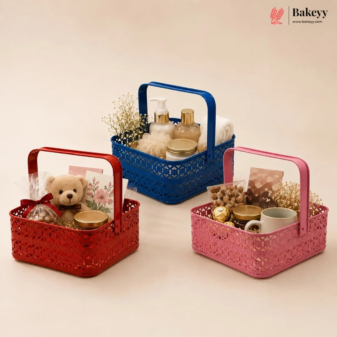 Three decorative baskets in red, blue, and pink with various items on a beige background.
