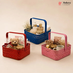 Three decorative baskets in red, blue, and pink with various items on a beige background.