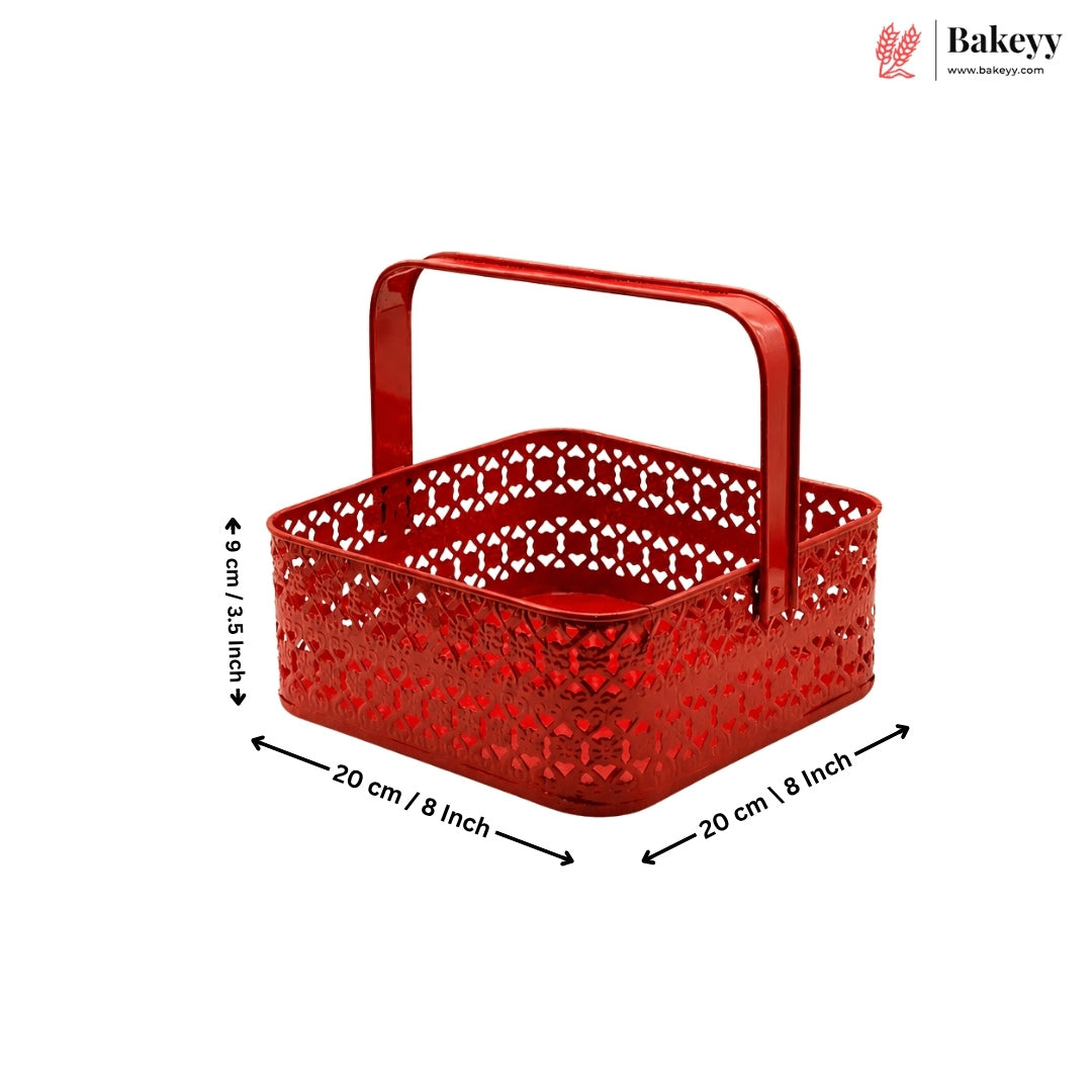 Red perforated basket with handle and dimensions on a white background, featuring the Bakey brand.