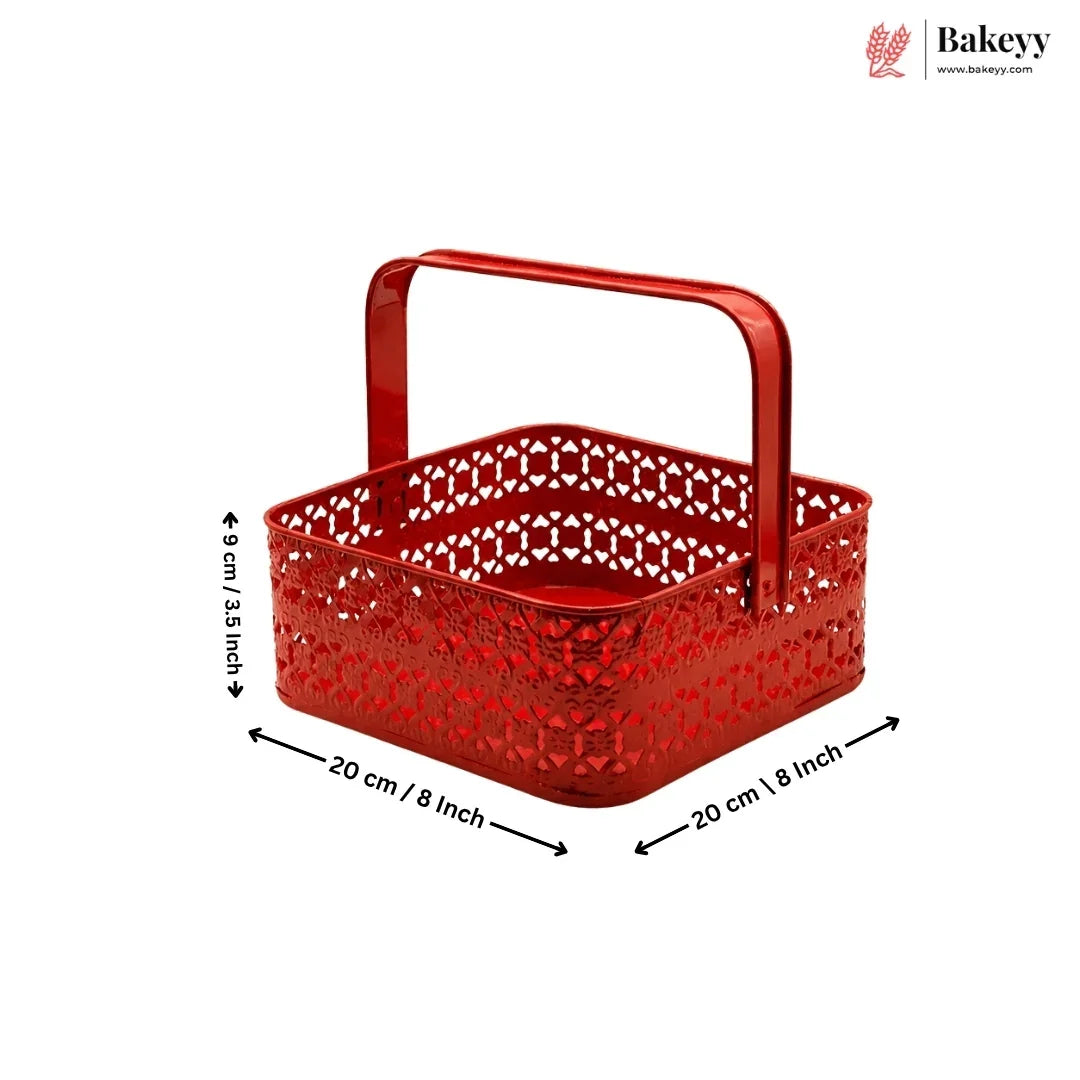 Red perforated basket with handle and dimensions on a white background, featuring the Bakey brand.
