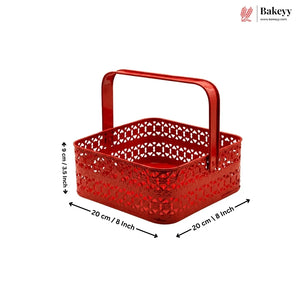 Red perforated basket with handle and dimensions on a white background, featuring the Bakey brand.