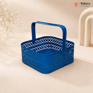 Blue perforated basket with handle on a beige background, featuring the Bakeyy brand.
