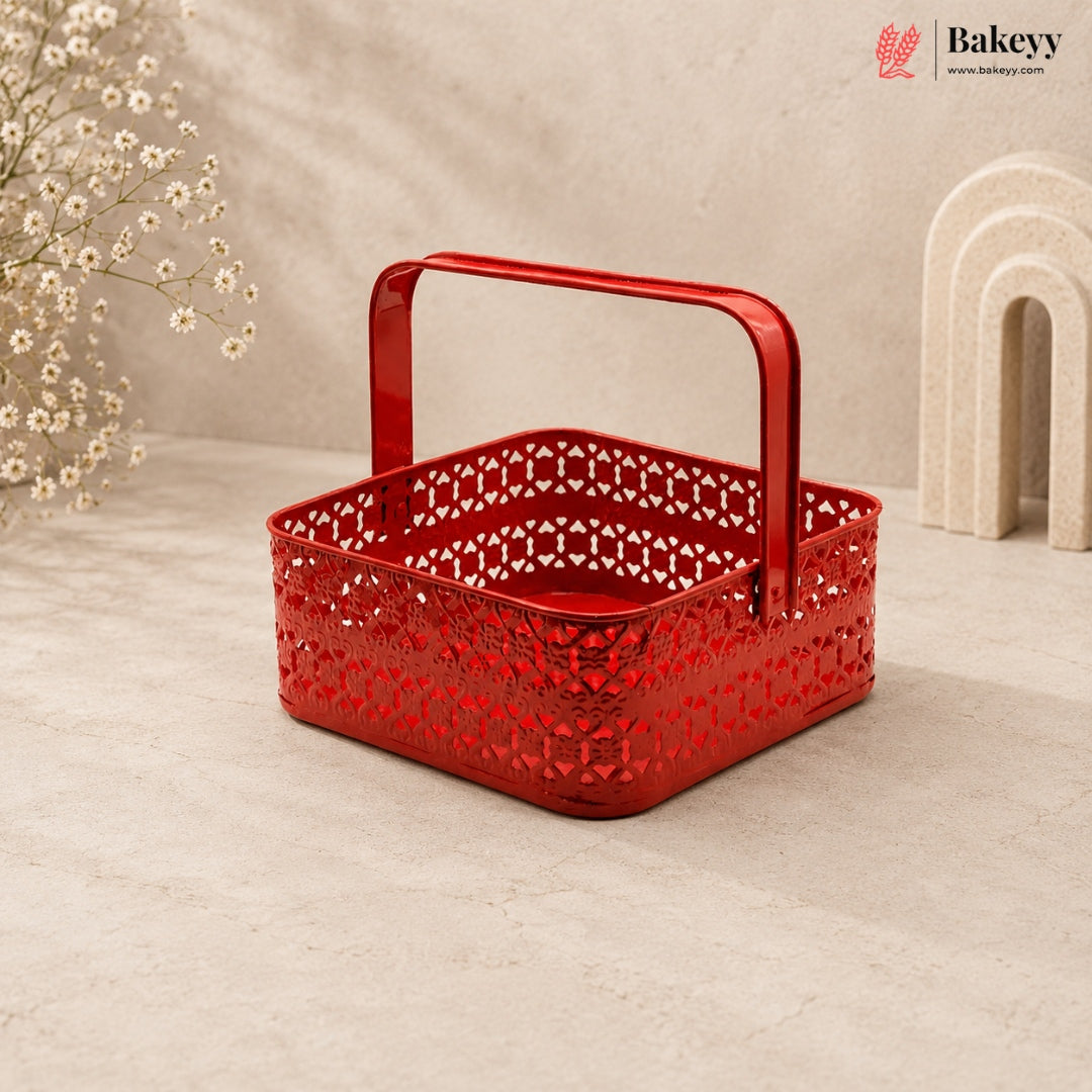 Red decorative basket with intricate patterns on a beige background, featuring the Bakeyy brand.