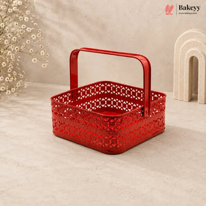 Red decorative basket with intricate patterns on a beige background, featuring the Bakeyy brand.
