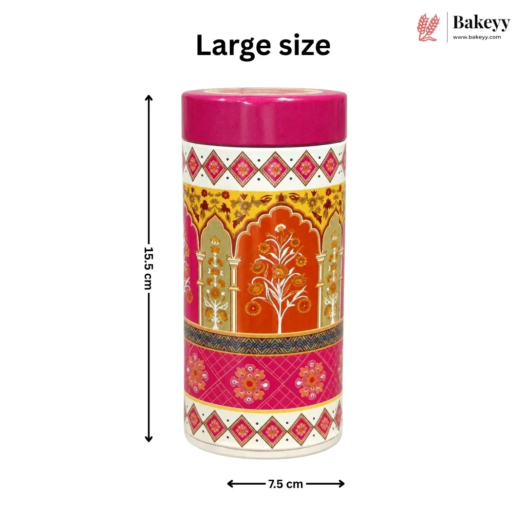 A large decorative cylindrical container with a bright pink lid and ornate multicolor patterned body, shown on a white background with dimension arrows indicating 15.5 cm height and 7.