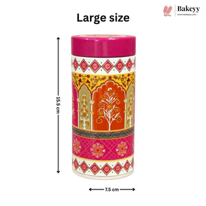A large decorative cylindrical container with a bright pink lid and ornate multicolor patterned body, shown on a white background with dimension arrows indicating 15.5 cm height and 7.