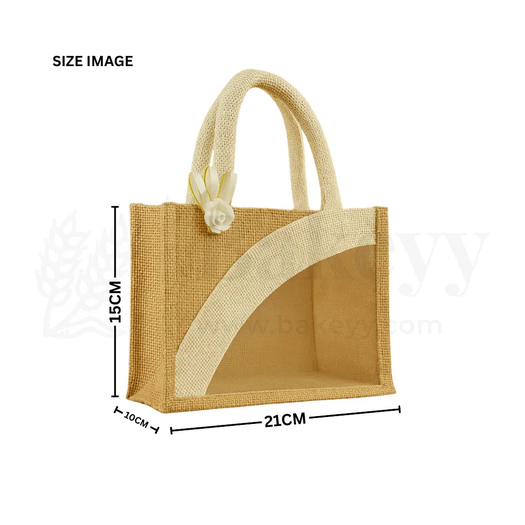 21x10x15 CM | Beige & Cream 2 Jar Ethnic Jute Gift Bag with Window & Handle – 1 Piece