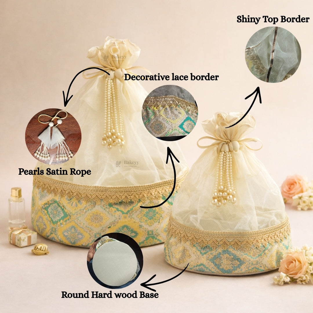 Royal Organza Potli Bag | Wooden Round Base and Pearl Tassel Satin Tie | Premium Potli Bag | Pack of 1