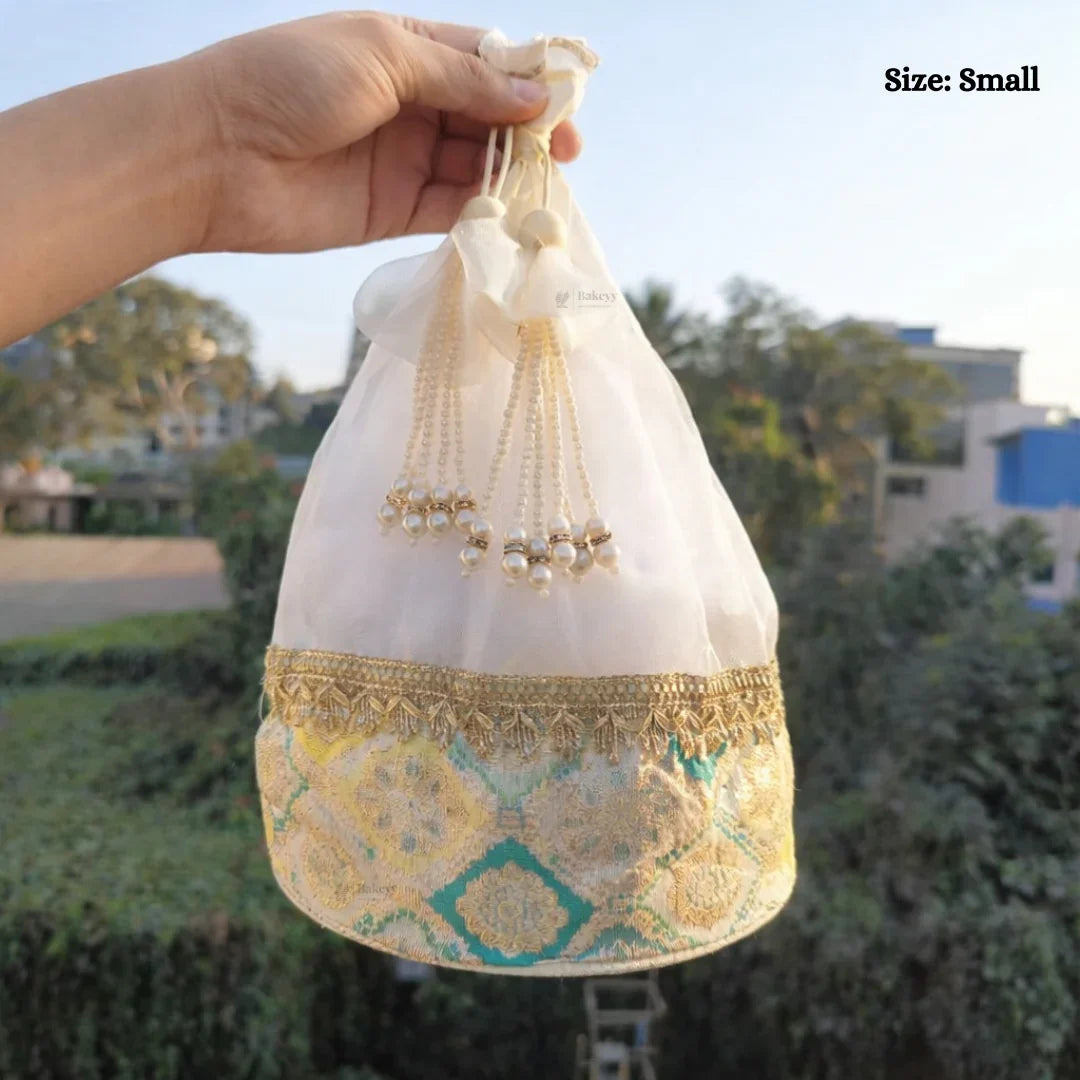 Royal Organza Potli Bag | Wooden Round Base and Pearl Tassel Satin Tie | Premium Potli Bag | Pack of 1 - Bakeyy.com - India - Royal Organza Potli Bag | Wooden Round Base and Pearl Tassel Satin Tie | Premium Potli Bag | Pack of 1 - Small 150.00