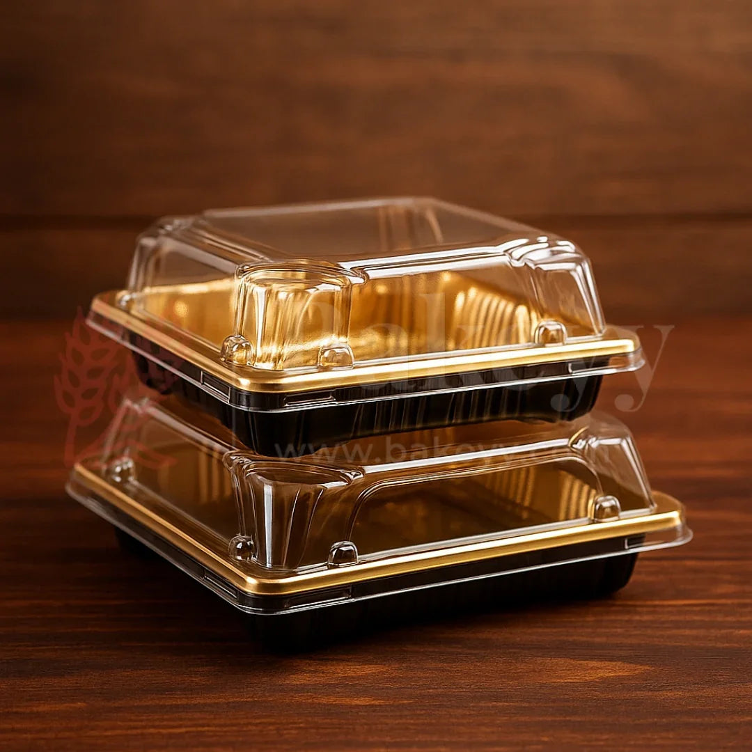 Golden Square PET Dessert Container with Gold and Black Base | Pack of 50