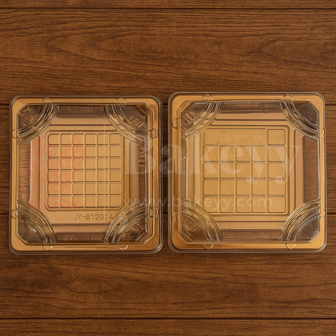 Golden Square PET Dessert Container with Gold and Black Base | Pack of 50
