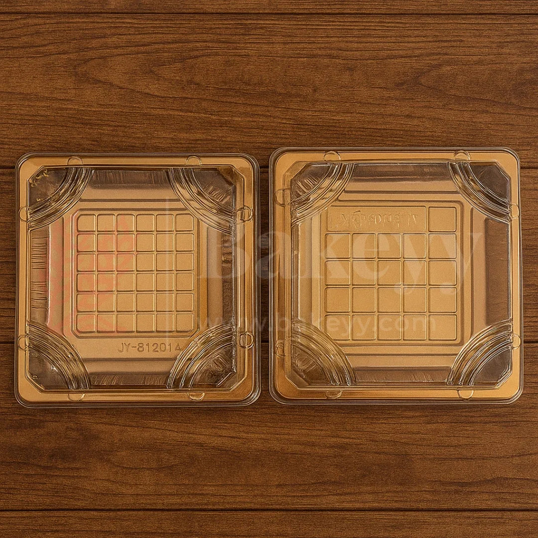 Golden Square PET Dessert Container with Gold and Black Base | Pack of 50