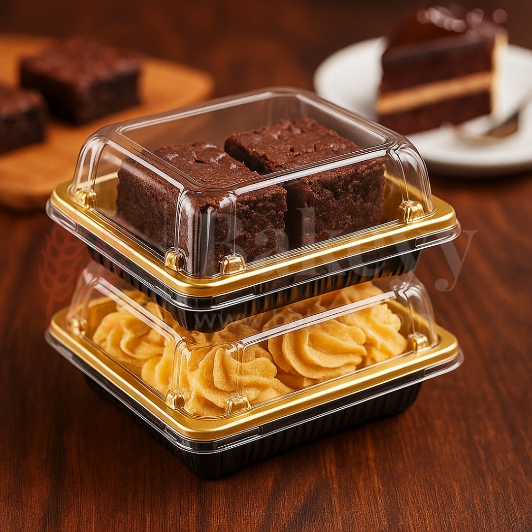 Golden Square PET Dessert Container with Gold and Black Base | Pack of 50