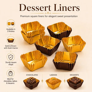Gold and brown dessert liners with product features on a beige background