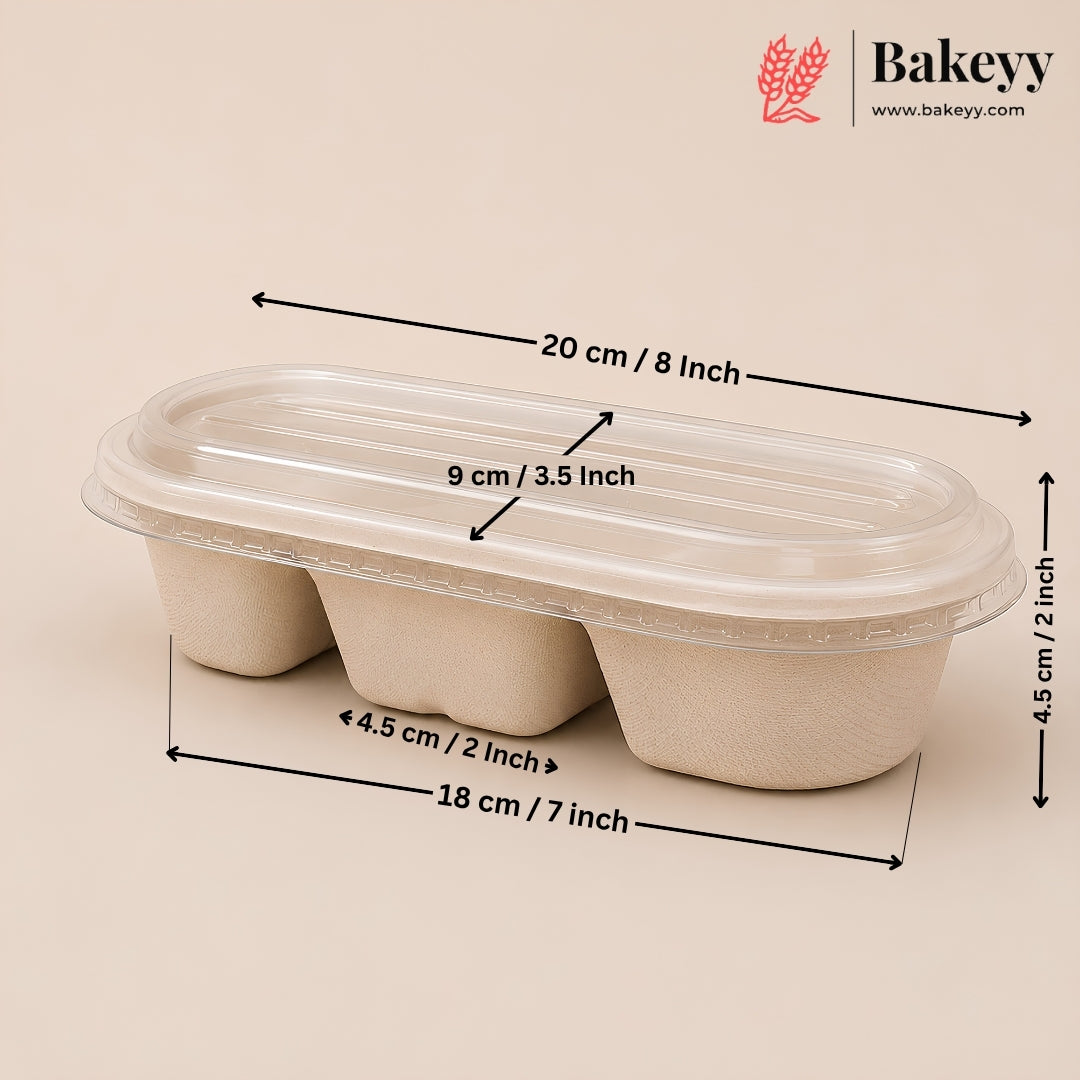 A three-compartment beige paper food tray with a clear plastic lid, shown with dimension arrows and labels indicating measurements of 20 cm, 18 cm, 9 cm, and 4.5 cm on a light beige background.