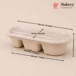 A three-compartment beige paper food tray with a clear plastic lid, shown with dimension arrows and labels indicating measurements of 20 cm, 18 cm, 9 cm, and 4.5 cm on a light beige background.