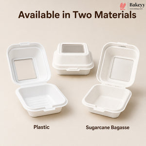 Two types of square bakery containers shown on a beige background: an open white plastic container labeled 'Plastic' and an open white sugarcane bagasse container labeled 'Sugarcane Bagasse,' with a smaller closed container in the center. Text at the top reads 'Available in Two Materials' and the Bakeey logo appears in the upper right.