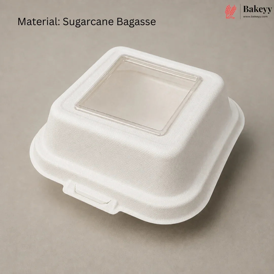 A square white sugarcane bagasse container with a clear plastic window on top, shown on a neutral beige background with text reading 'Material: Sugarcane Bagasse' and a Bakeey logo in the top right.
