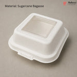 A square white sugarcane bagasse container with a clear plastic window on top, shown on a neutral beige background with text reading 'Material: Sugarcane Bagasse' and a Bakeey logo in the top right.