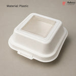 A white textured plastic food container with a clear square window on top, shown on a neutral gray background with 'Material: Plastic' text and a Bakeey logo in the upper right.