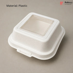 A white textured plastic food container with a clear square window on top, shown on a neutral gray background with 'Material: Plastic' text and a Bakeey logo in the upper right.
