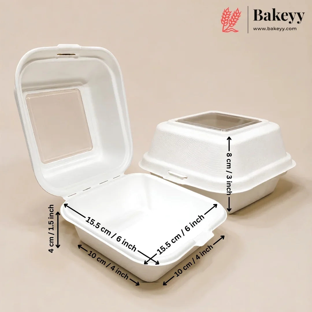 White biodegradable paper food containers shown with dimension annotations on a beige background, including one open container and one closed container with arrows indicating measurements.