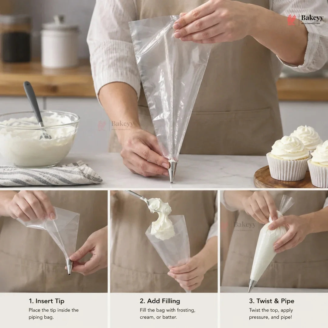 Step-by-step guide on how to use a piping bag with text overlay
