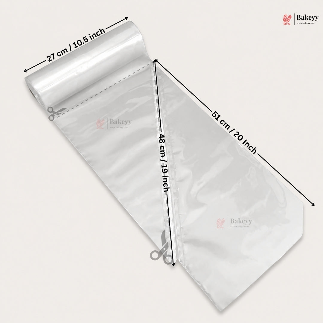 Clear plastic bag with dimensions labeled on a white background, featuring the Bakey brand.