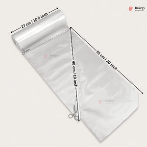 Clear plastic bag with dimensions labeled on a white background, featuring the Bakey brand.