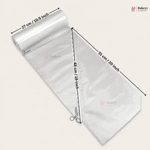 Clear plastic bag with dimensions labeled on a white background, featuring the Bakey brand.
