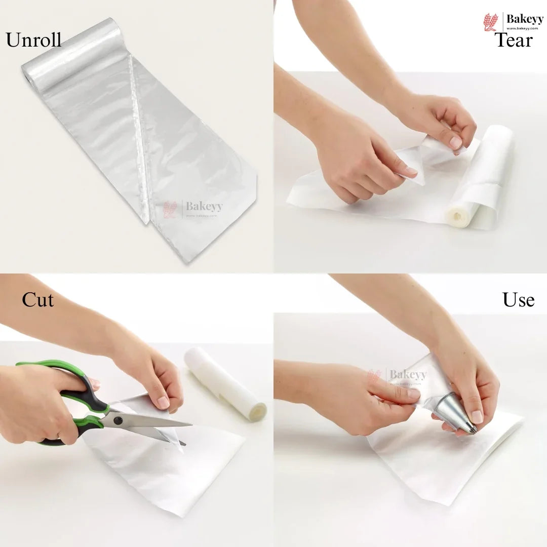 Step-by-step guide on how to use a roll of baking paper with text labels.