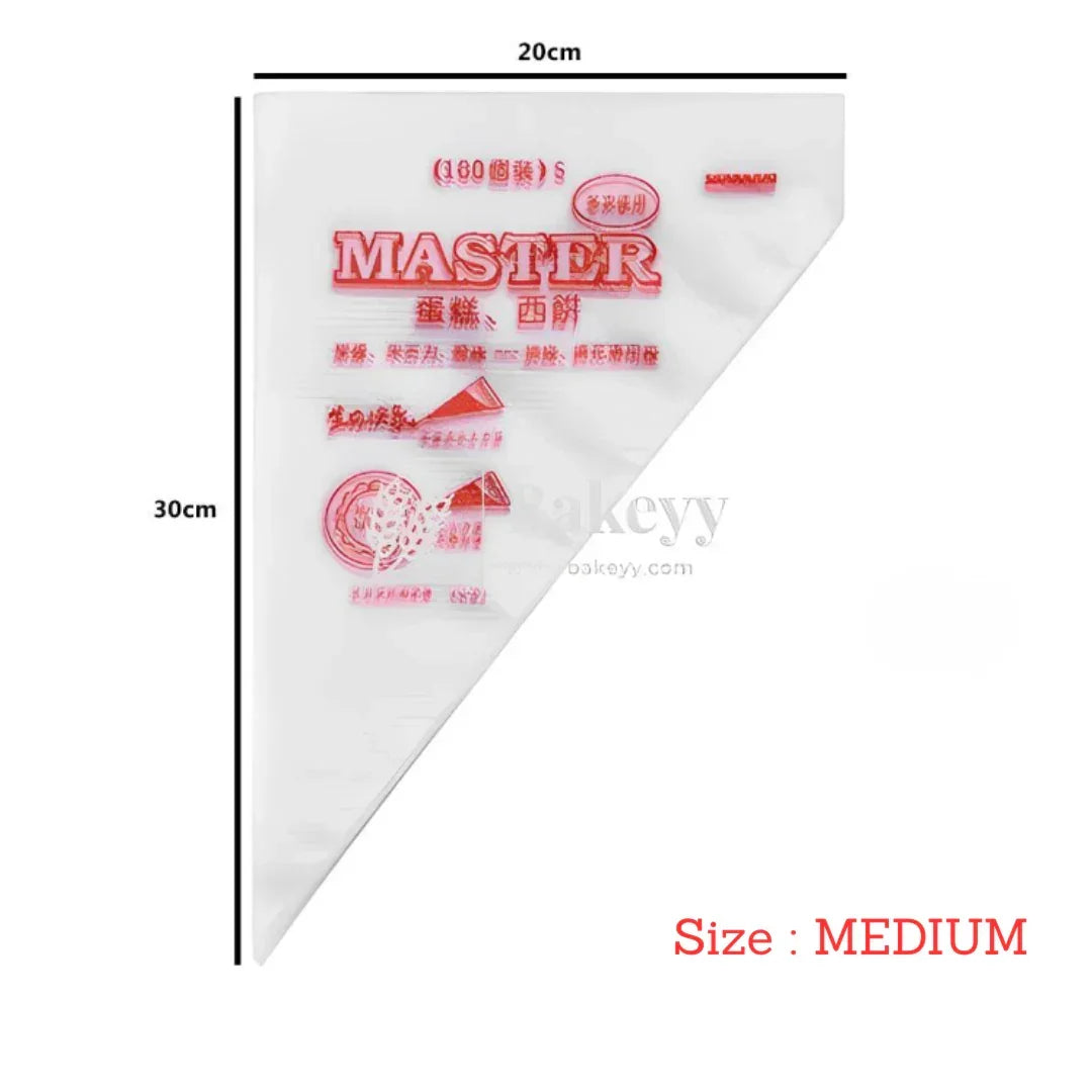 Medium disposable icing bag with measurements, clear plastic, red print, Bakeyy baking supply