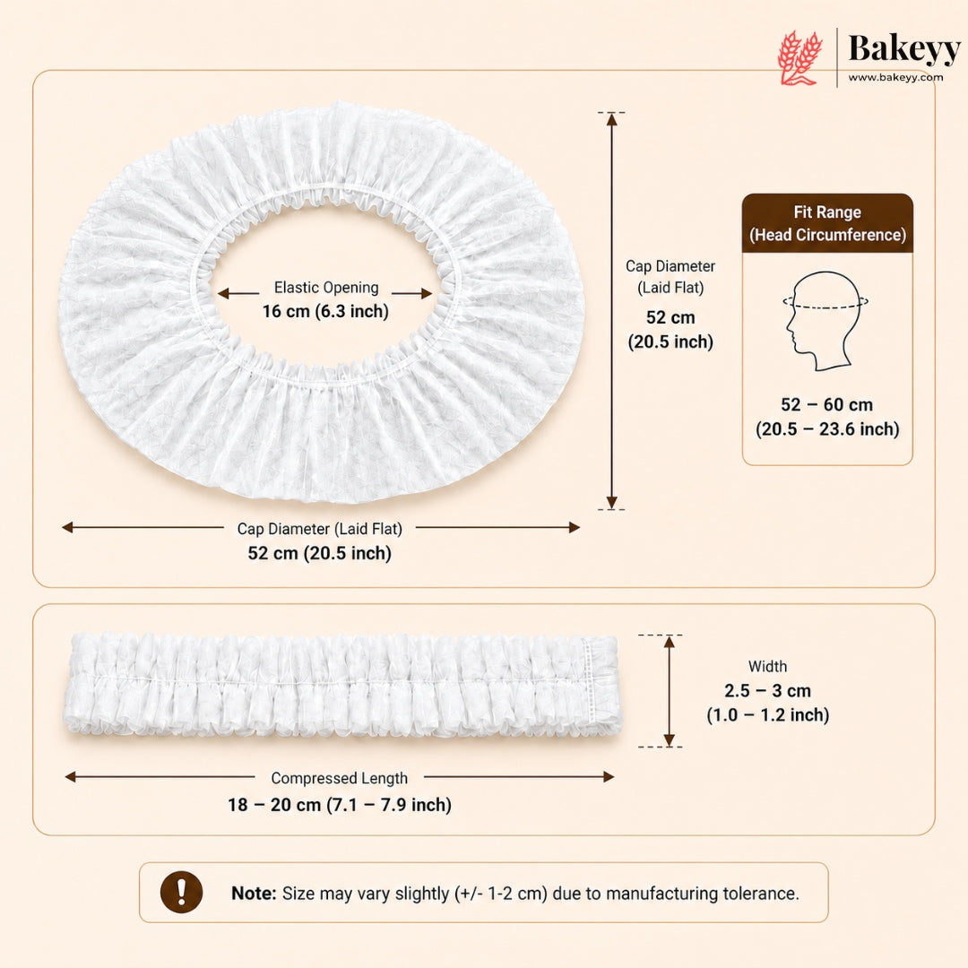 A size and fit chart for a white elastic hair cap by Bakeey, showing the elastic opening, cap diameter in both laid-flat and fitted measurements, compressed length, and width with a small head-circumference diagram.