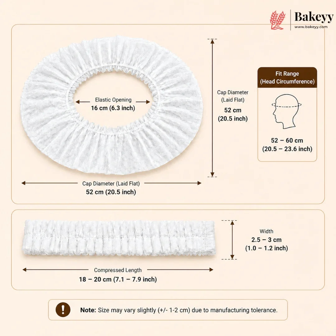 A size and fit chart for a white elastic hair cap by Bakeey, showing the elastic opening, cap diameter in both laid-flat and fitted measurements, compressed length, and width with a small head-circumference diagram.