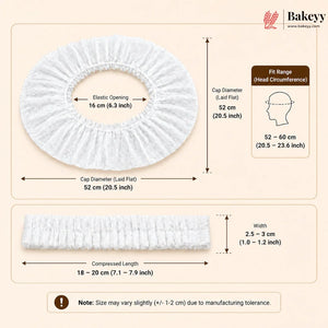 A size and fit chart for a white elastic hair cap by Bakeey, showing the elastic opening, cap diameter in both laid-flat and fitted measurements, compressed length, and width with a small head-circumference diagram.