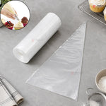 Baking tools including a piping bag, triangle tip, and a person decorating a cupcake on a gray surface.