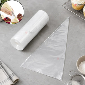 Baking tools including a piping bag, triangle tip, and a person decorating a cupcake on a gray surface.
